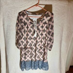 "NWT AUW Boho Floral Tunic Dress XL - Tassel Tie, Paisley Print, Ruffle Hem"